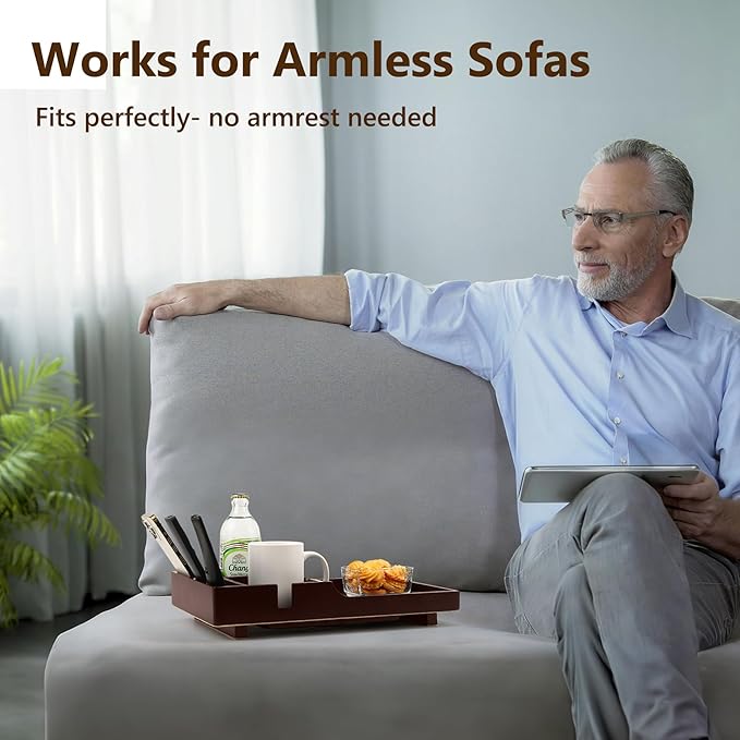 Sofa Insert Tray for Middle Seat,Bamboo Couch Table with 2 Cup Holders,Fits Armless Sofa & Sectionals,Fold-Flat Tray for Drinks,Snacks & Remotes,Brown