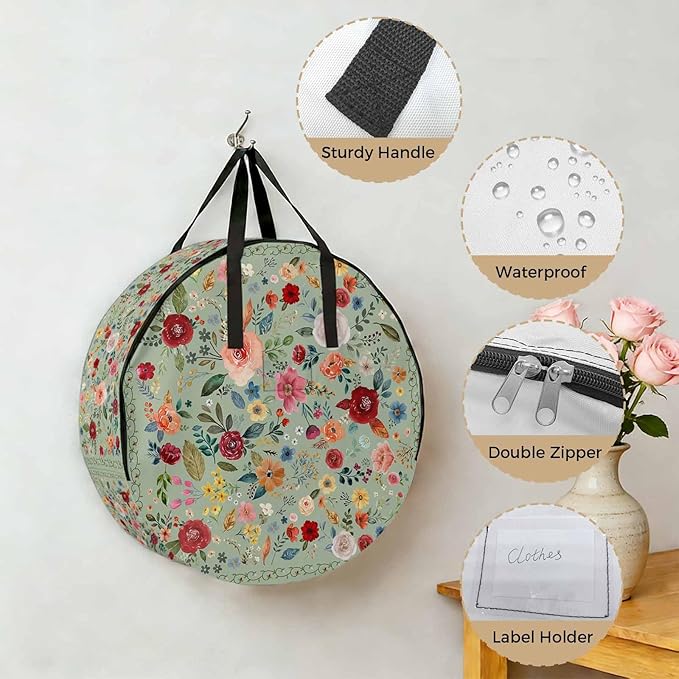 Storage Bag Sage Green Floral Round Storage Totes Bins Closet Organizers with Zippers & Handle Farmhouse Vintage Flower Clothes Storage Container for Bedroom Dorm Space Saving Packing Supplies Bags