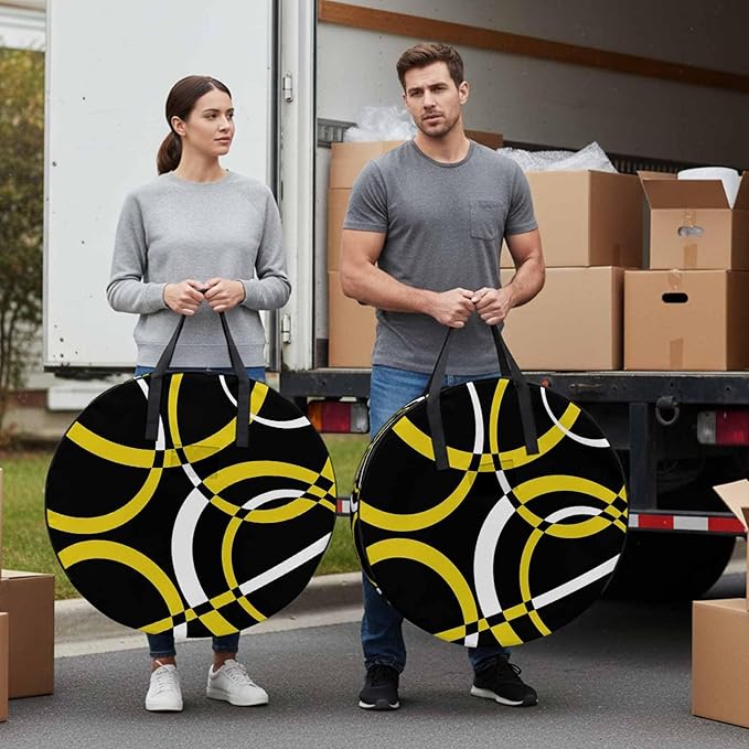 Storage Bag Yellow Black Geometric Circle Round Storage Totes Bins Closet Organizers with Zippers & Handle Modern Abstract Lines Clothes Storage Container for Bedroom Space Saving Packing Supplies