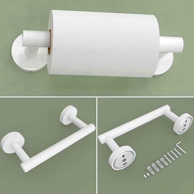 RARXTR White Toilet Paper Holder & Towel Ring SUS304 Stainless Steel 2pc Bathroom Hardware Set with Double Post Pivoting Toilet Paper Roll Holder Wall Mount & Bathroom Towel Holder Set