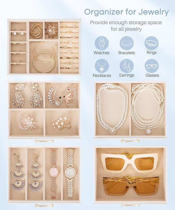 Enthralite Jewelry Box with 4 Drawers: Display Organizer for Earrings Necklaces - Gifts for Girls Women (White)