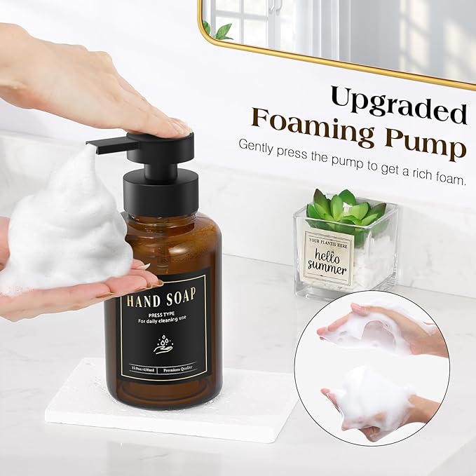 Luxspire Foaming Soap Dispenser, Glass Foam Pump Soap Dispenser, Non-Slip Hand Soap Bottle with 5 Waterproof Labels, 15 Oz Refillable Liquid Soap Bottle for Bathroom & Kitchen, Amber, 1 Pack