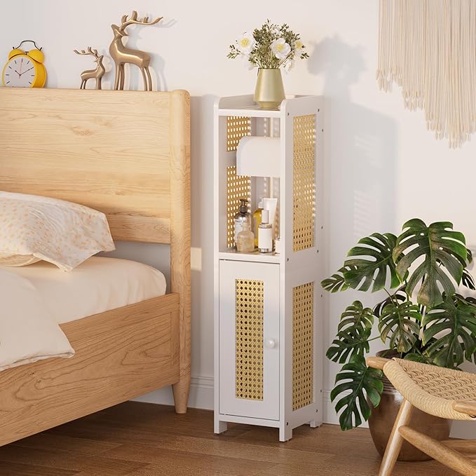 AmazerBath Toilet Paper Holder Cabinet, Bamboo Toilet Paper Holder Stand for Bathroom, Small Toilet Paper Storage Cabinet with Rattan Door, 30.3x7.8x7 inches, White