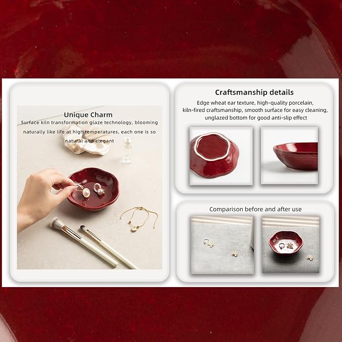 Ceramic Jewelry Organizer 4.1 Inch - Floral Design Ring Tray for Room Decor Aesthetic - Elegant Jewelry Holder Bowl for Bedroom Nightstand,(red)