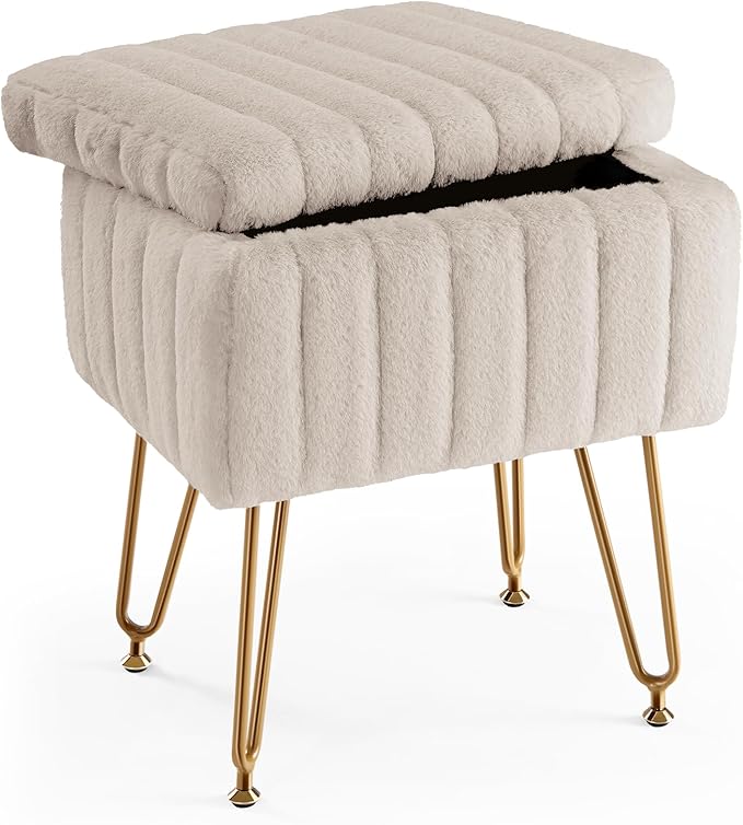 DUMOS Vanity Stool Chair, Ottoman with Storage, Makeup Cute Soft Small Footstool, Modern Style Faux Fur Seat with 4 Metal Legs & Adjustable Feet for Dressing, Living Room Bedroom Dorm, Camel