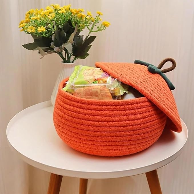 Pumpkin Basket with Lid, Halloween Woven Storage Basket Woven Storage Basket Halloween Pumpkin Design, Decorative Seasonal Rope for Keys, Books