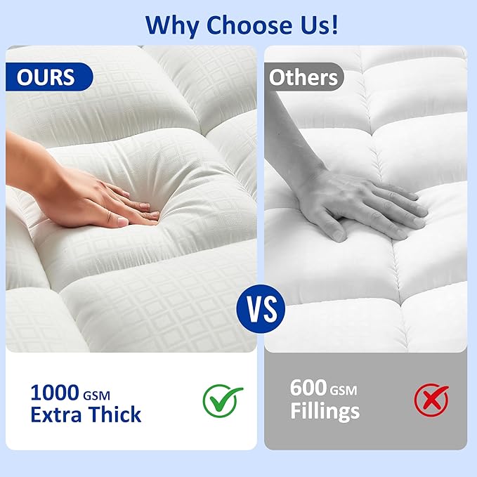 Twin Size Mattress Topper for Back Pain, Extra Thick Pillow Top Mattress Pad with 1000GSM Down Alternative Filling, Cooling Breathable Plush Bed Topper Protector Cover (8-21" Deep Pocket)