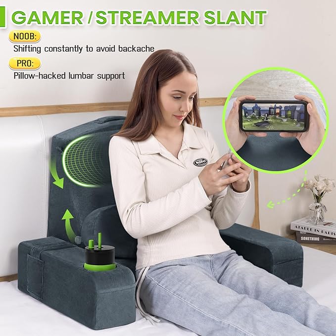 AS AWESLING 19 INCH Reading Pillow for Adults, Back Pillow for Bed Sitting Up, Backrest Pillow for Sitting in Bed, Detachable Arms with Built-in Cup & Phone Caddy (Dark Gray, 19 INCH)