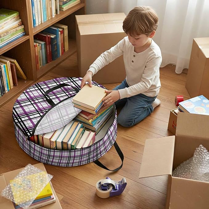 Storage Bag Purple Black Buffalo Plaid Round Storage Totes Bins Closet Organizers with Zippers & Handle Check Stripe Clothes Storage Container for Bedroom Dorm Space Saving Packing Supplies Bags