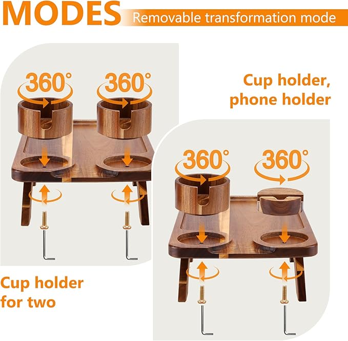 4-in-1 Acacia Couch Arm Table with Removable Cheese Board, Stability-Enhanced Sofa Armrest Tray with 360° Rotating Dual Cup Holders & Phone Stand, Side Table for Drinks & Snacks, 15.7"x9.8"