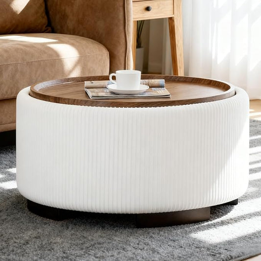 29.5 Inch Round Storage Ottoman Coffee Table,Modern Circle Coffee Table with Storage with Removable Lid Top and Solid Wood Legs,Large Round Ottoman for Bedroom,Living Room,Velvet,Beige