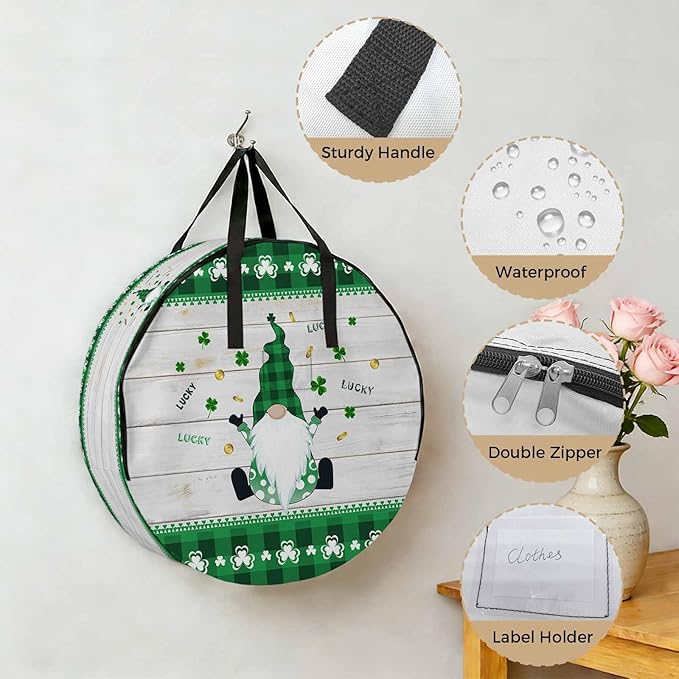 30 Inch Round Storage Bag 1 Pack,St. Patrick Irish Gnomes Wood Board Coin Waterproof Wreath Storage Container with Handles&Zipper Buffalo Tartan Closet Organizer Bags Garland Box