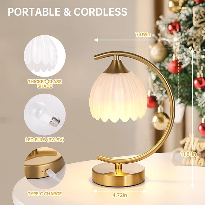 Shenmoyl Tulip Table Lamp, 5200mAh Cordless Touch Control Table Lamp with 3 Color Temps & Stepless Dimming, Rechargeable Battery Table Lamp for Living Room, Bedroom, Office, Shelf (White Tulip)