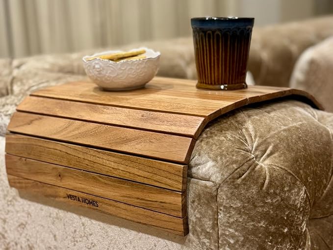 Vesta Homes Sofa Armrest Tray |Premium Acacia Wood | Flexible and Foldable Sofa Tray, Couch Arm Table and Armrest |Suitable for Food/Drinks/Snacks/Cup Coaster | 20 * 12 Inches | Handcrafted in India
