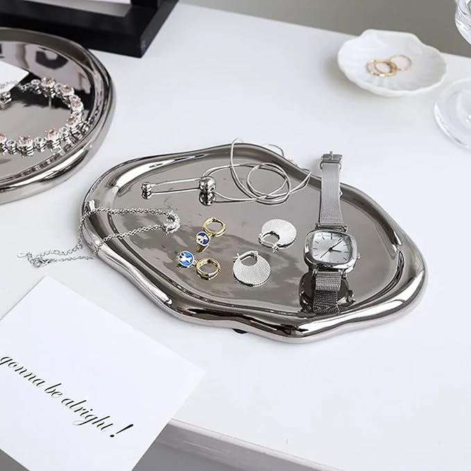 Jewelry Tray for Women, Cloud Shape Ceramic Trinket Dish, Jewelry Organizer Storage Holder for Ring Earring Bracelet Necklace, Make Up Organizer (White) (Silver)