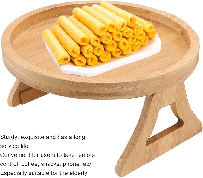 Tissting Wood Round Sofa Tray 9.65in x 4.72in - Clip on Side Table with Foldable Leg for Coffee, Tea, Snacks, Remote Controls, Living Room, Apartment, Dorm