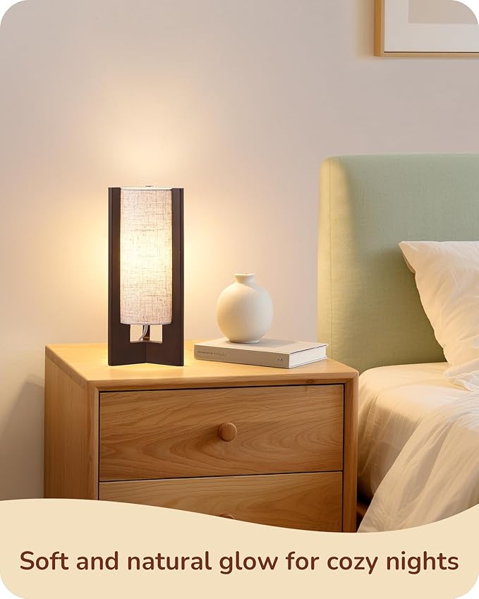 EDISHINE 13.5" Small Table Lamps, Walnut Wood Cylinder Bedside Lamp for Bedroom, Beige Linen Shade, Corner Modern Nightstand Lamp for Living Room, On-Off Switch, E26 Base (Bulb Not Included), 2Pack
