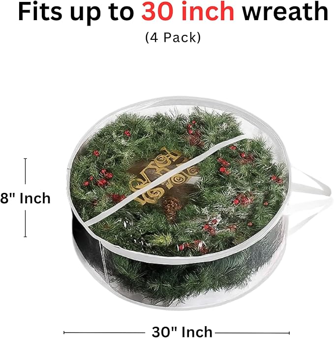 ProPik Christmas Wreath Storage Bag - 4 Pack Clear Christmas Wreaths Container- Garland Holiday Artificial Wreath Storage Holder –Water Proof Transparent PVC (White, 30 Inch)