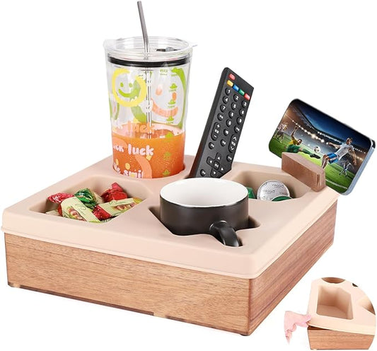 Couch Cup Holder Tray, Silicone Wooden Couch Caddy with Cup Holder for Snacks, Drinks, Remotes, Waterproof Cup Holder for Couch, Organizer, Couch Drink Holder, Easter Gifts