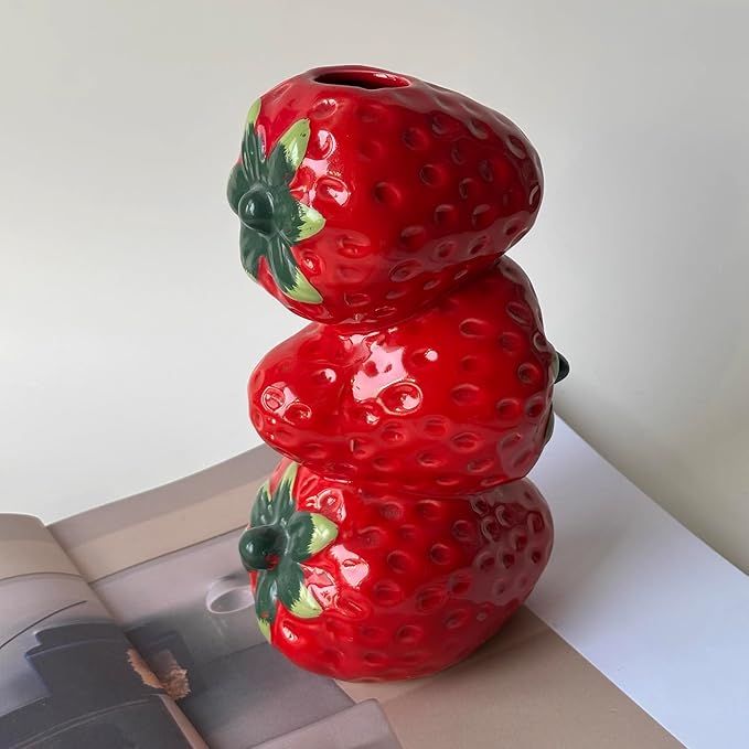 Cute Strawberry Figurine Decor Accent Piece, 7.8 inches Ceramic Strawberry Decor, Red Ceramic Bud Vase Dining Table Centerpieces for Home and Kitchen, Spring Summer Fruit Theme Vase