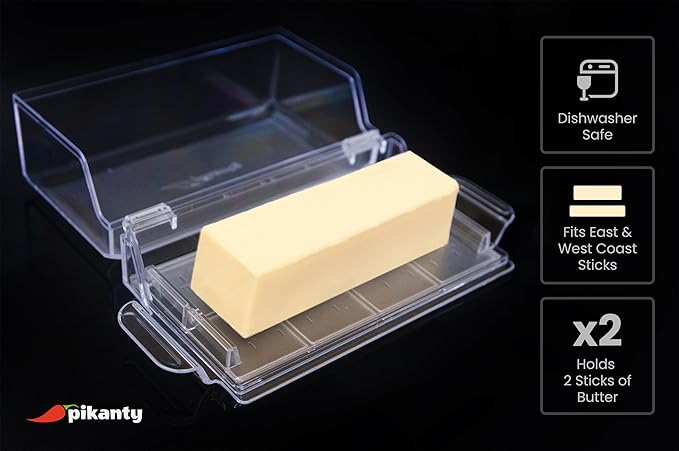 Pikanty Airtight Butter Dish with Hinged Lid - Large Plastic Butter Container for Countertop or Fridge, Fits East & West Coast Sticks, Dishwasher Safe, Made in USA