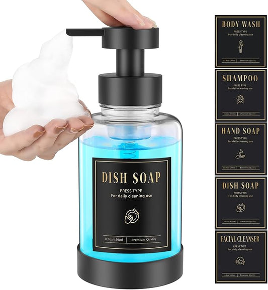 Luxspire Foaming Soap Dispenser, Glass Foam Pump Soap Dispenser, Non-Slip Hand Soap Bottle with 5 Waterproof Labels, 15 Oz Refillable Liquid Soap Bottle for Bathroom & Kitchen, Clear, 1 Pack