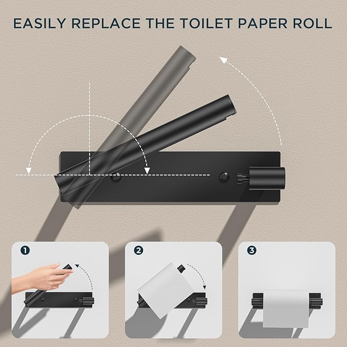 FORIOUS Black Toilet Paper Holder, Adhesive or Wall Mounted Options, Stainless Steel Rustproof Stick on no Drilling Double Post Pivoting Toilet Tissue Roll Holder for Bathroom,2 Pack Matte Black