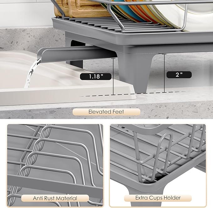 Urackify Dish Drying Rack for Kitchen Counter, Sink Dish Rack with Drainboard 12.2" W x 16.5" L, Large Dish Drainer with Cutlery Holder, Home Countertop Plate Dryer Storage Rack, Gray