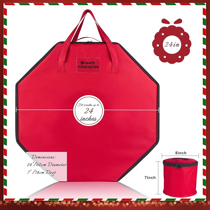 BrilliantJo 2 Pack Wreath Storage Hard shell Christmas Decorations Case Bag with Interior Pockets 600D Oxford Fabric 24 Inch Xmas Container Box for holiday Zipper and Handles Labeling Card Slot Red
