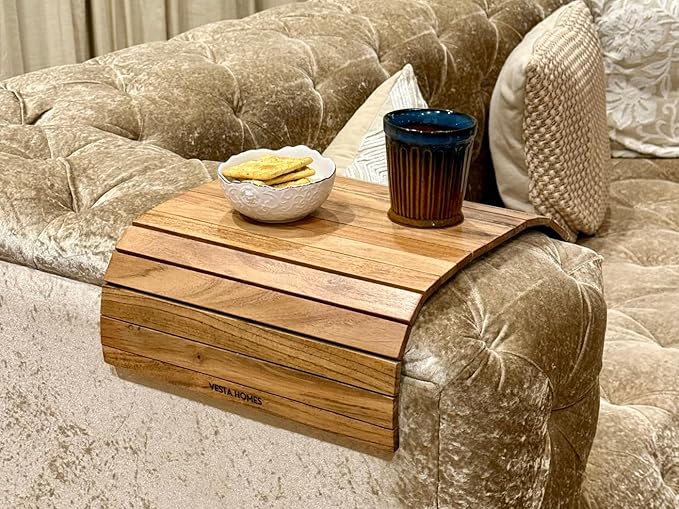 Vesta Homes Sofa Armrest Tray |Premium Acacia Wood | Flexible and Foldable Sofa Tray, Couch Arm Table and Armrest |Suitable for Food/Drinks/Snacks/Cup Coaster | 20 * 12 Inches | Handcrafted in India