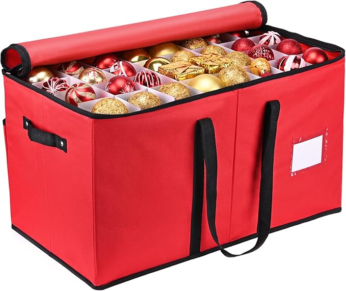 Mrrihand Christmas Ornament Storage Box, Xmas Decoration Organizer with Adjustable Dividers - Storage Container Keeps 128 Holiday Ornaments 3-Inch, Dual Zipper Closure, 600D Tear-Proof Material(Red)