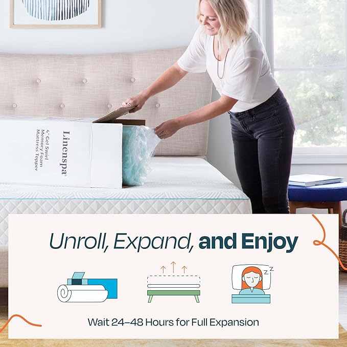Linenspa 4 Inch Swirl Gel Memory Foam Mattress Topper, Queen Size – Cooling Gel Infused, Ventilation Holes – Pressure Relieving Bed Topper – CertiPUR Certified