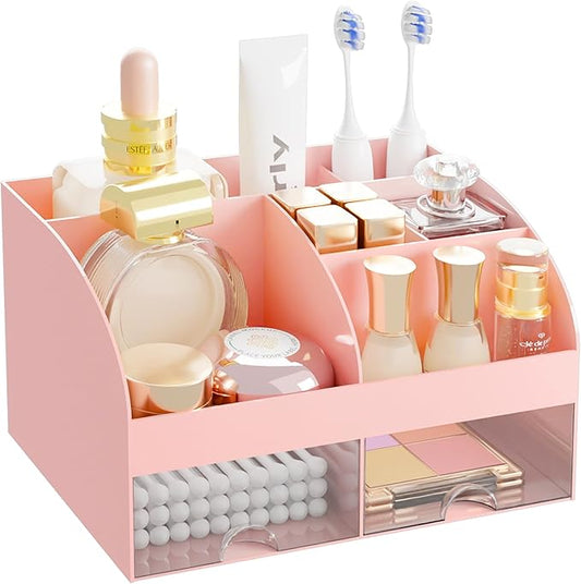 Makeup Organizer with 2 Drawers, Cosmetic Storage for Dresser Vanity and Bathroom Countertop,Make up organization and Skincare Storage with Beauty Brush Holder, Cosmetic Display Case (Pink)