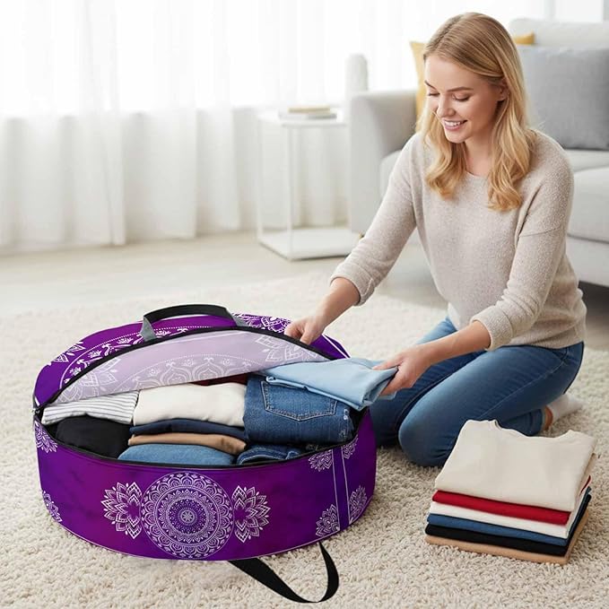 Storage Bag Purple Boho Round Storage Totes Bins Closet Organizers with Zippers & Handle Gorgeous Bohemian Flower Clothes Storage Container for Bedroom Dorm Space Saving Packing Supplies Moving Bags