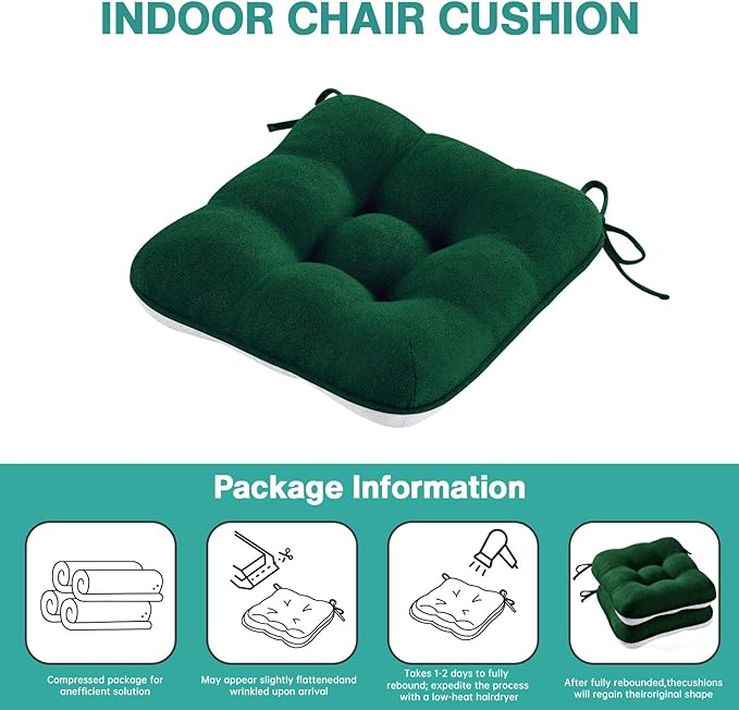 BETU Chair Cushions for Dining Chairs Set of 6,3.5" Thick Kitchen Table Chair Pads with Ties,Non Slip Backing and Covers, Seat Cushion for Dining Room,Bar,Patio Chairs,16"X16"X3.5",Dark Green