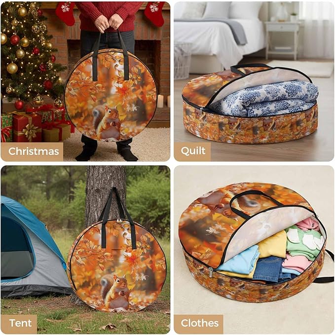Orange Leaves and Squirrel Round Storage Bag 30 Inch, Fall Maple Leaf Thanksgiving Clothes Storage Container with Handles Heavy Duty Organizer for Comforter, Bedding & Holiday Wreaths