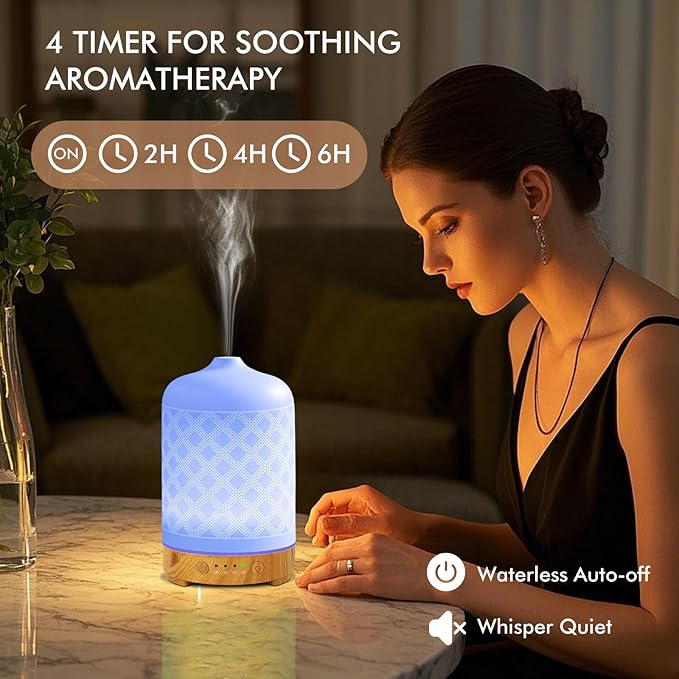 Essential Oil Diffuser Ceramic Diffuser -Aromatherapy Diffuser for Essential Oils with Timer and 7 Colors LED Light Ultrasonic Diffuser with Auto Shut-Off, Home Office Decor&Gift (White-200ml)