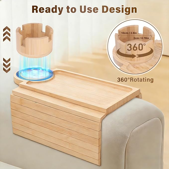 Couch Cup Holder Tray, 3-in-1 Bamboo Couch Armrest Table with 360° Rotating Magnetic and Detachable Phone Holder Stand, Foldable Anti-Slip Sofa Arm Tray for Remote, Phone, Snacks and Drinks