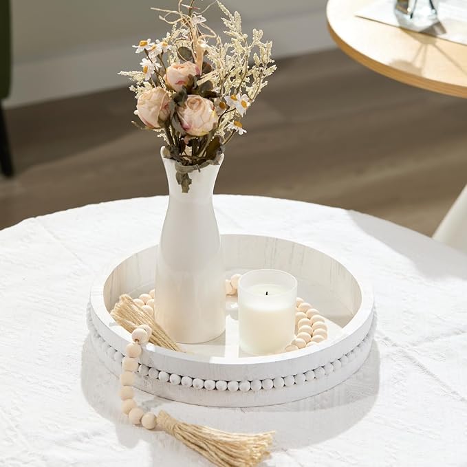 Decorative Wooden Tray: Beaded Round Coffee Table Tray for Centerpiece, Rustic Farmhouse Wood Serving Tray for Entry, Living Room and Kitchen Counter Decor, 11.8 inch - Distressed White