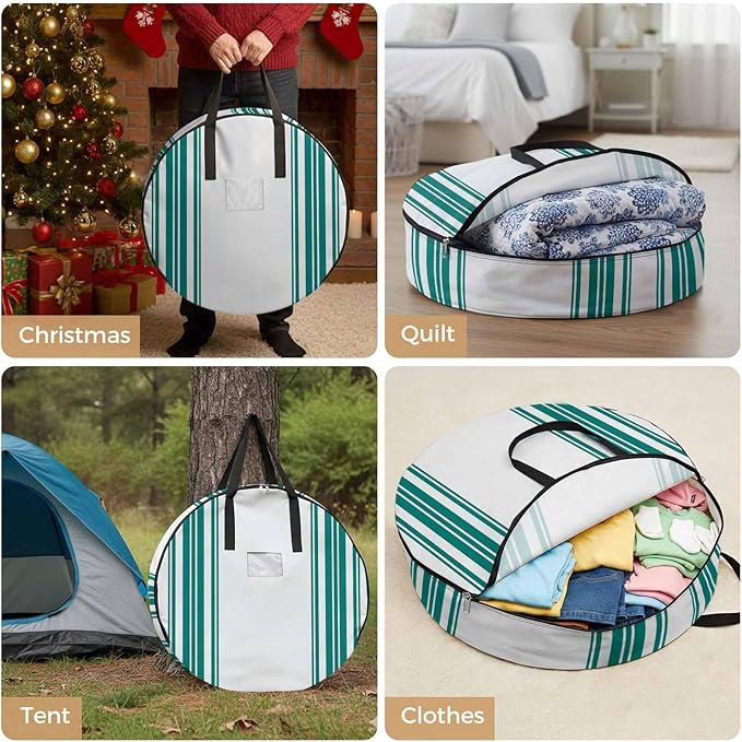 Storage Bag Teal Green Stripes Round Storage Totes Bins Closet Organizers with Zippers & Handle Simple Style Clothes Storage Container for Bedroom Dorm Space Saving Packing Supplies Moving Bags