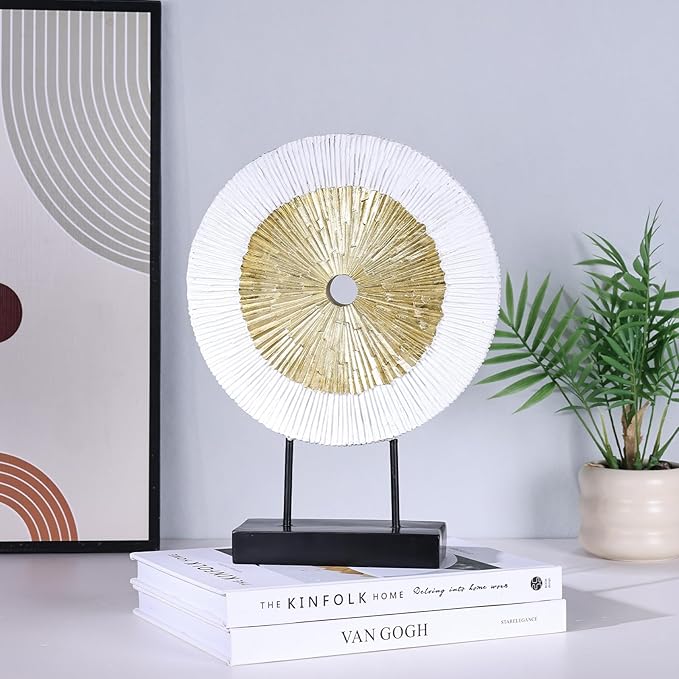12" Tall Abstract White Gold Round Sculpture - Unique Home Decoration for Above Cupboard Decor, Living Room Coffee Table, Console, Office, Entrance, Table Centerpieces (White Gold)