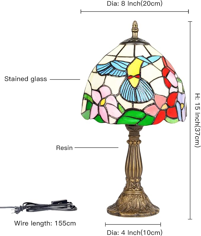 Hummingbird Tiffany Style Table Lamp with LED Bulb, 8 Inch Handmade Stained Glass Light, Antique Desk & Bedside Lamp for Living Room, Bedroom, Study Office