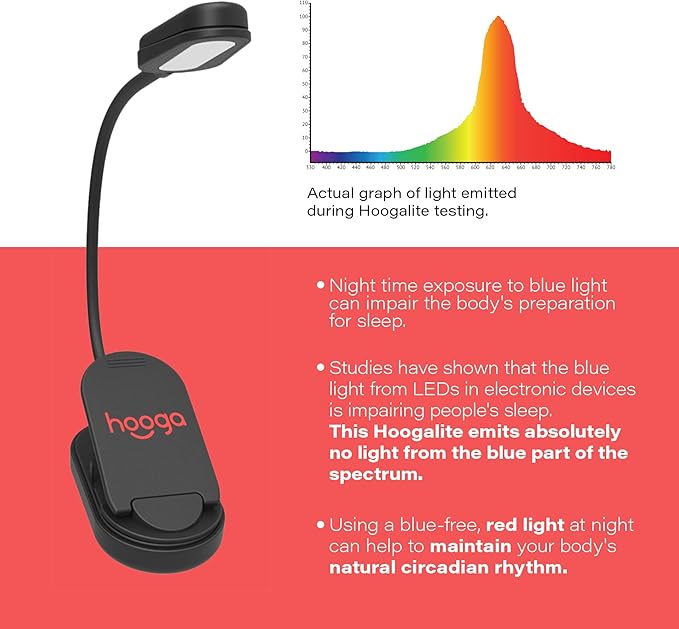 Hooga Red Book Light, Clip On 625nm LED Light for Reading in Bed, No Blue Light, Eye Care, Gift for Students, Kids, Travel, Nursing, Studying