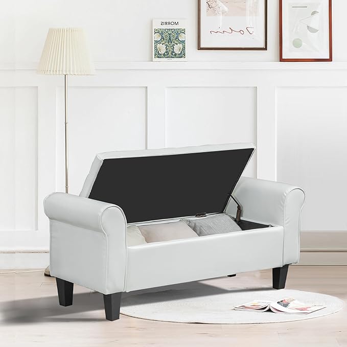ECOTOUGE Ottoman with Storage for Living Room, Leather Upholstered Bench Footrest, Bedroom Benches at End of Bed, Rolled Arm Ottoman, Cream Color