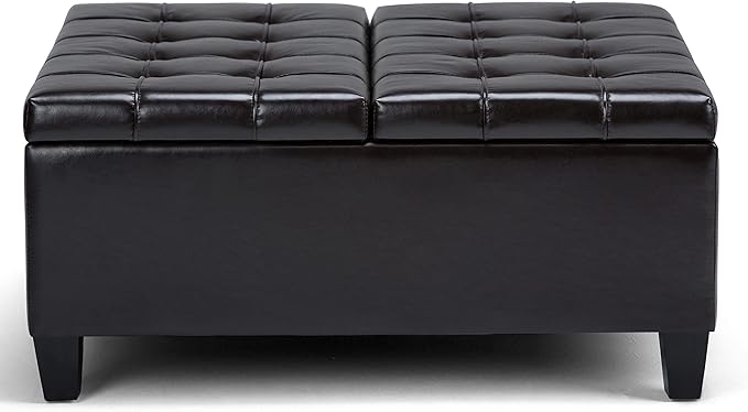 SIMPLIHOME Harrison Coffee Table Storage Ottoman - 36 inch Wide Upholstered Vegan Leather Square Lift-Top Ottoman in Tanners Brown, Transitional Ottoman for Living Room with Hidden Storage