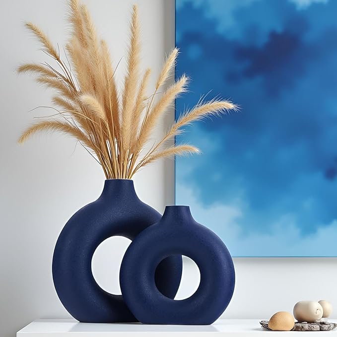 Navy Blue Ceramics Vase for Home Decor,Minimalist Nordic Hollow Donut Vase Set of 2,Modern Navy Blue Decor for Kitchen Table Centerpiece,Living Room,Fire Place,Bookshelf,Office,Entryway,Console