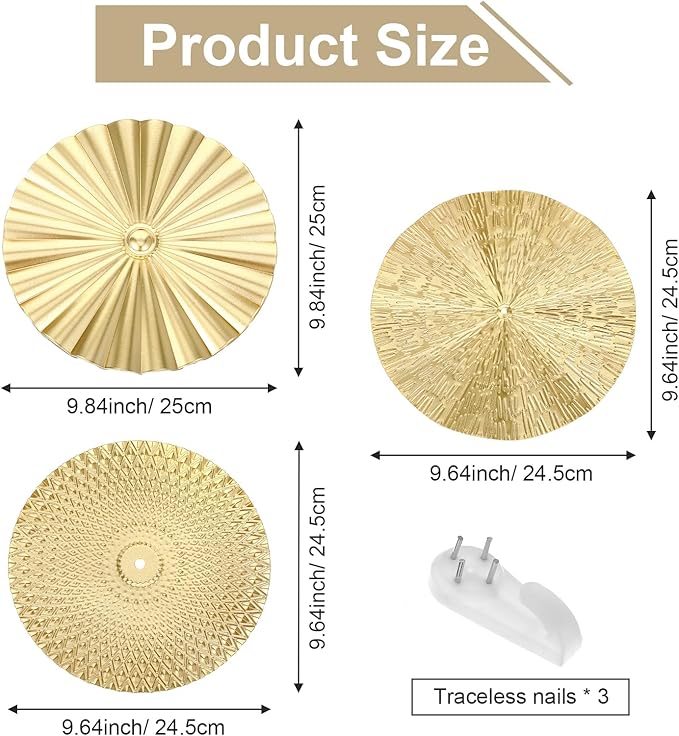 HOFURME 3 Pcs Gold Wall Art Decor, Gold Metal Wall Decor Starburst Round Wall-Hangings for Living Room, Bedroom & Office - Modern Golden Wall-Accents (9.64", 9.64", 9.84", Iron)