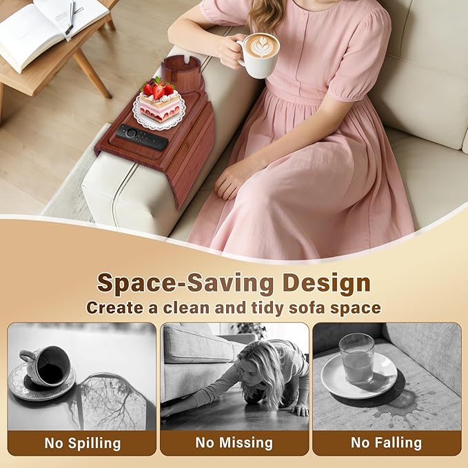 Couch Cup Holder Tray, 3-in-1 Bamboo Couch Armrest Table with 360° Rotating Magnetic and Detachable Phone Holder Stand, Foldable Anti-Slip Sofa Arm Tray for Remote, Phone, Snacks and Drinks