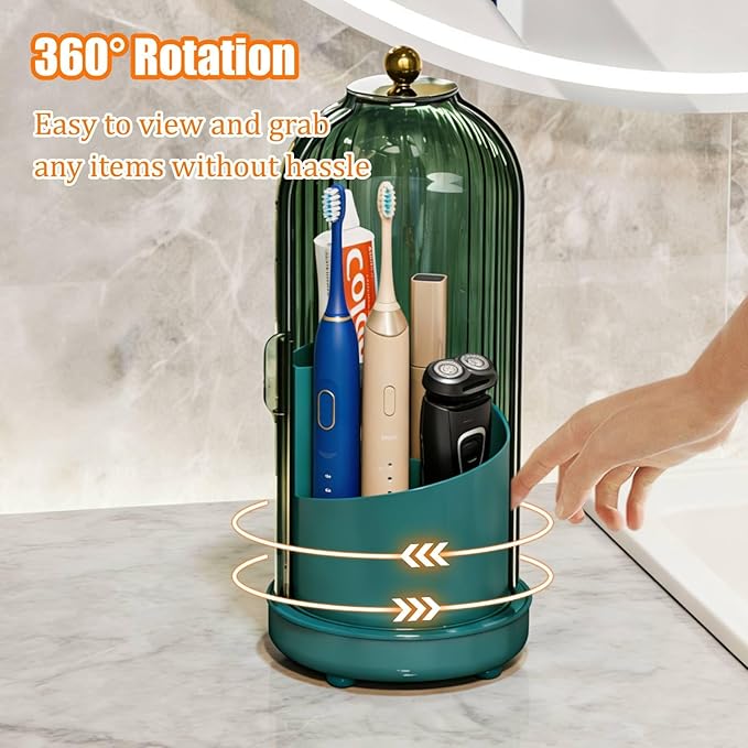 JEESA Toothbrush Holder Organizer, with Drainage Holes, with Dustproof Cover, 360 Rotating, 3 Slots, for Bathroom Countertop, Green