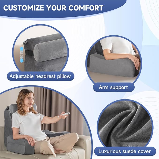 SofGlowly Reading Pillow for Sitting in Bed Adult, Back Support Pillow for Bed Sitting up with Arm Rest,Bed Rest Pillows for Watching TV/Reading/Gaming/Resting in Beds, Couch or Floor, Medium 19" Gray
